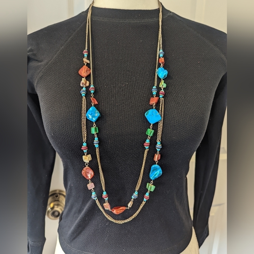 18" double chain faux stone turquoise bead fashion jewelry lobster claw